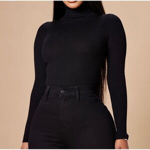 Fashion Nova Women Black Ribbed Turtleneck Long Sleeve Sweater Top